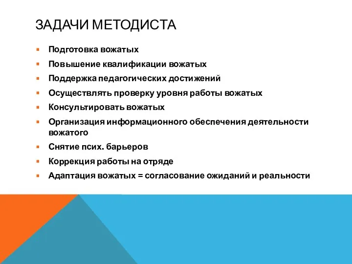 ЗАДАЧИ МЕТОДИСТА Подготовка вожатых Повышение квалификации вожатых Поддержка педагогических достижений Осуществлять проверку