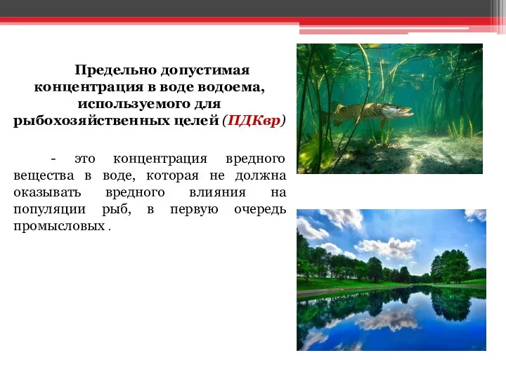 Предельно допустимая концентрация в воде водоема, используемого для рыбохозяйственных целей (ПДКвр) -