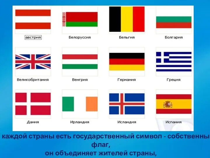 У каждой страны есть государственный символ - собственный флаг, он объединяет жителей