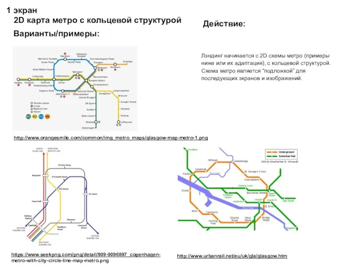 http://www.orangesmile.com/common/img_metro_maps/glasgow-map-metro-1.png https://www.seekpng.com/png/detail/909-9096897_copenhagen- metro-with-city-circle-line-map-metro.png http://www.urbanrail.net/eu/uk/gla/glasgow.htm Лэндинг начинается с 2D схемы метро (примеры ниже