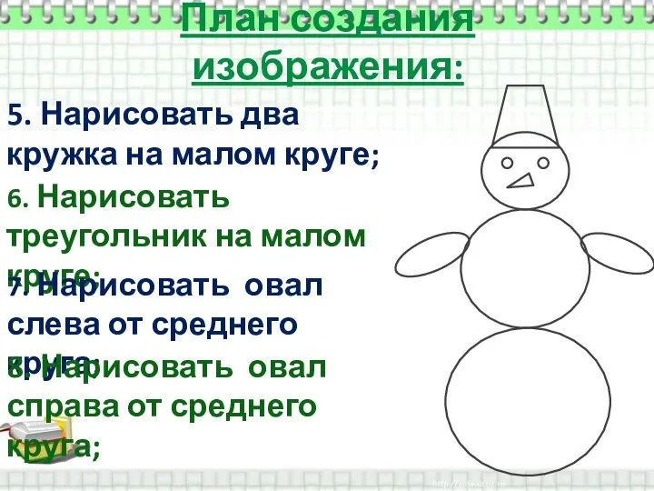 План создания изображения: 5. Нарисовать два кружка на малом круге; 6. Нарисовать