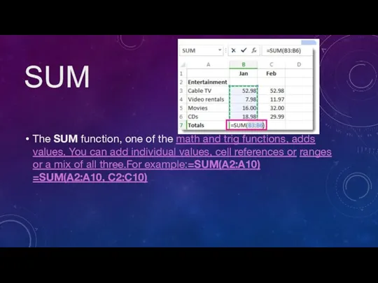 SUM The SUM function, one of the math and trig functions, adds