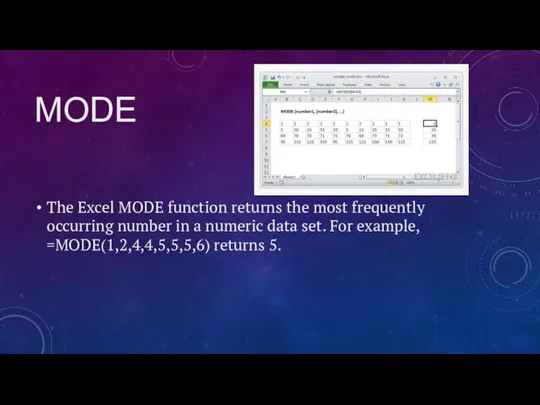 MODE The Excel MODE function returns the most frequently occurring number in