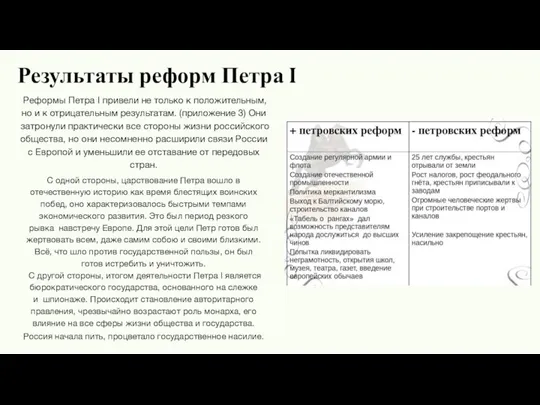 Результаты реформ Петра I Реформы Петра I привели не только к положительным,