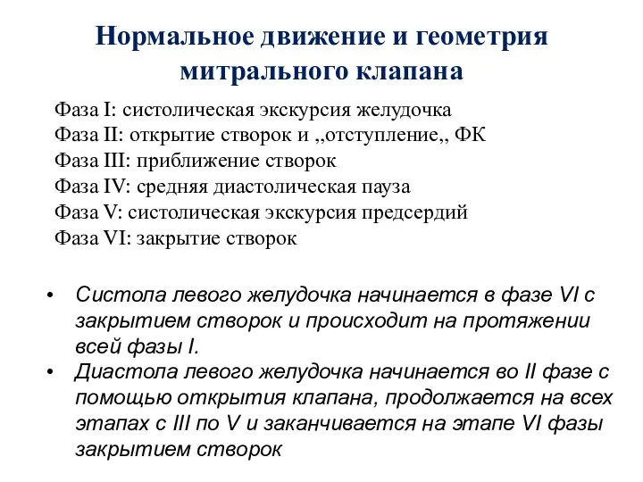 Нормальное движение и геометрия митрального клапана Фаза I: систолическая экскурсия желудочка Фаза