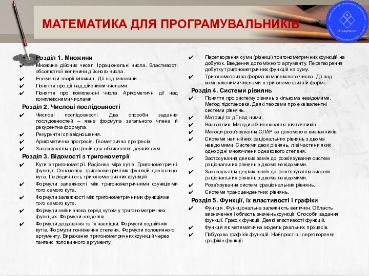 МАТЕМАТИКА ДЛЯ ПРОГРАМУВАЛЬНИКІВ Перетворення суми (різниці) тригонометричних функцій на добуток. Введення допоміжного