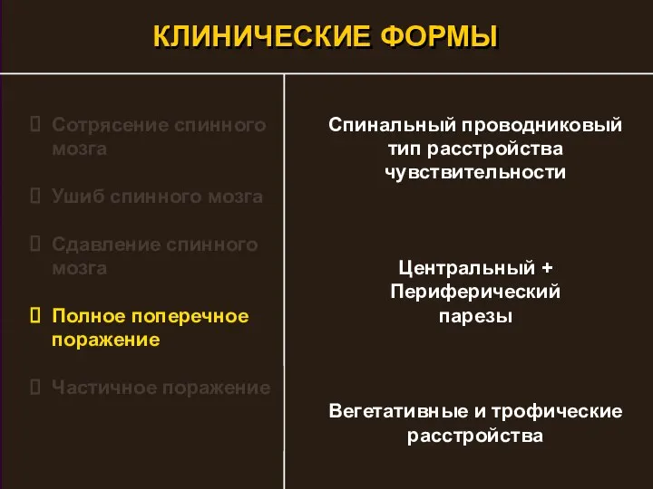 Сотрясение спинного мозга Ушиб спинного мозга Сдавление спинного мозга Полное поперечное поражение