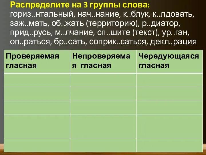 Распределите на 3 группы слова: гориз..нтальный, нач..нание, к..блук, к..лдовать, заж..мать, об..жать (территорию),