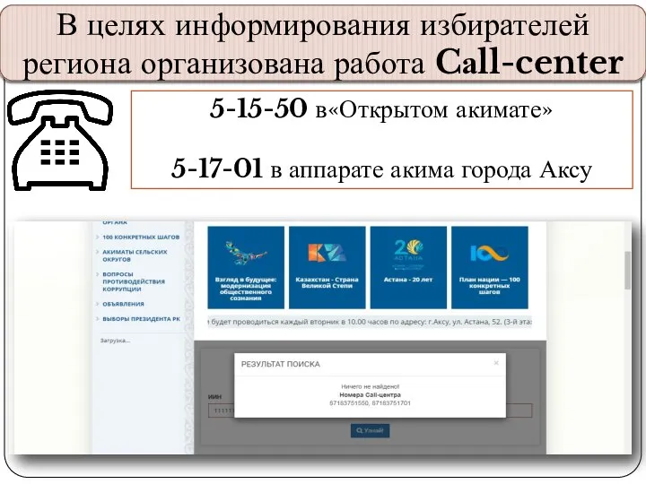 В целях информирования избирателей региона организована работа Cаll-center 5-15-50 в«Открытом акимате» 5-17-01