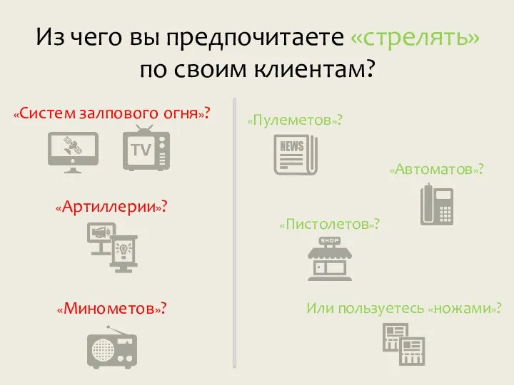 Из чего вы предпочитаете «стрелять» по своим клиентам? «Систем залпового огня»? Или