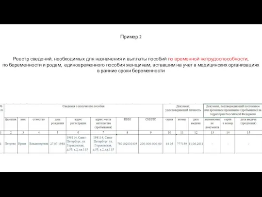 Пример 2 Реестр сведений, необходимых для назначения и выплаты пособий по временной