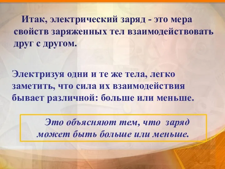 Итак, электрический заряд - это мера свойств заряженных тел взаимодействовать друг с