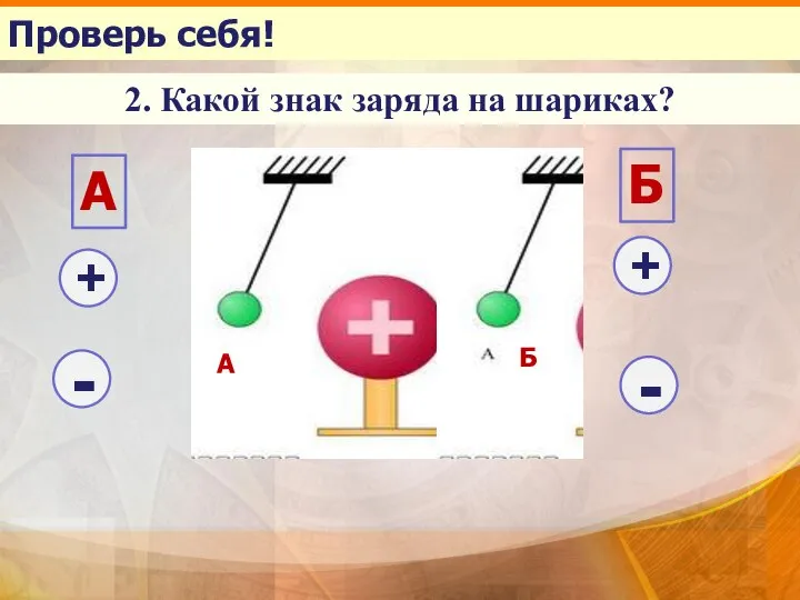 Проверь себя! 2. Какой знак заряда на шариках? А Б + - + -