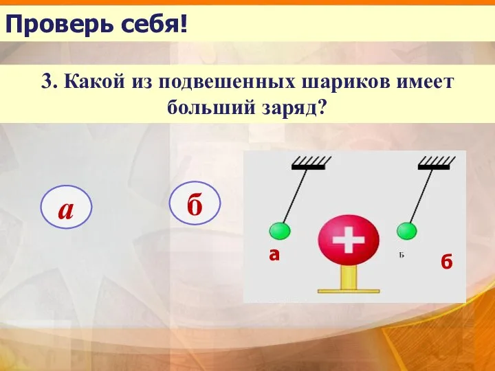 Проверь себя! 3. Какой из подвешенных шариков имеет больший заряд? а б