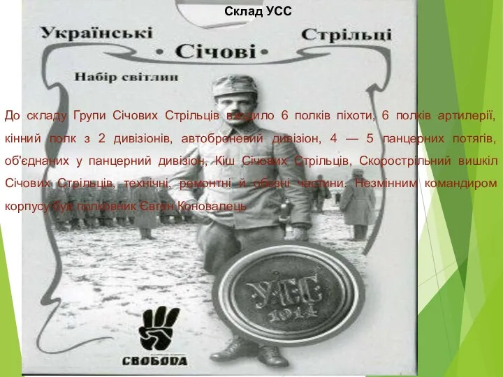 До складу Групи Січових Стрільців входило 6 полків піхоти, 6 полків артилерії,