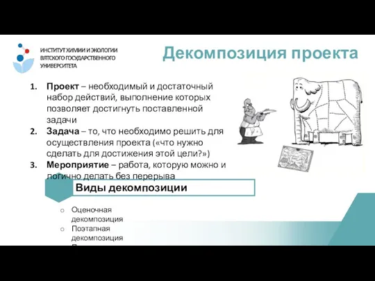 Декомпозиция проекта Виды декомпозиции Проект – необходимый и достаточный набор действий, выполнение