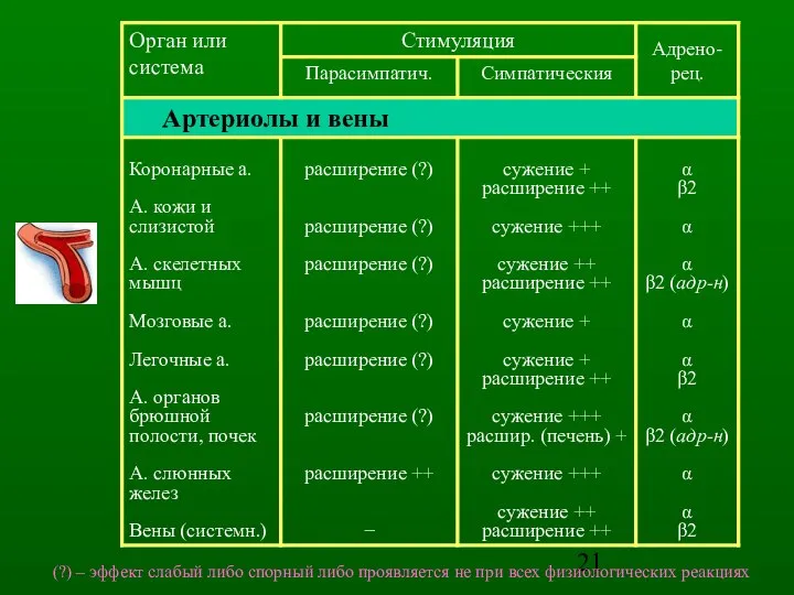(?) – эффект слабый либо спорный либо проявляется не при всех физиологических реакциях