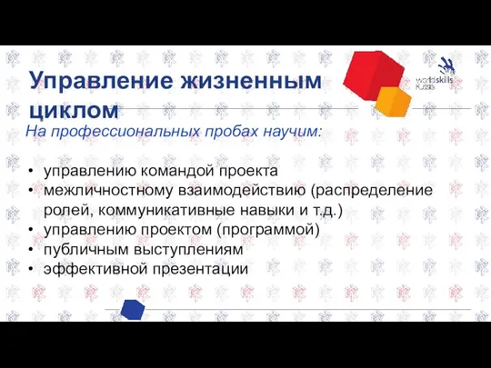 Управление жизненным циклом На профессиональных пробах научим: управлению командой проекта межличностному взаимодействию