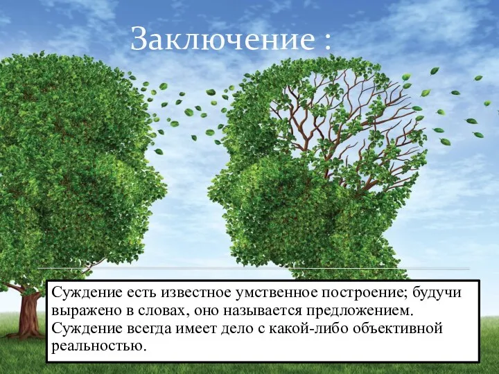 Заключение : Суждение есть известное умственное построение; будучи выражено в словах, оно