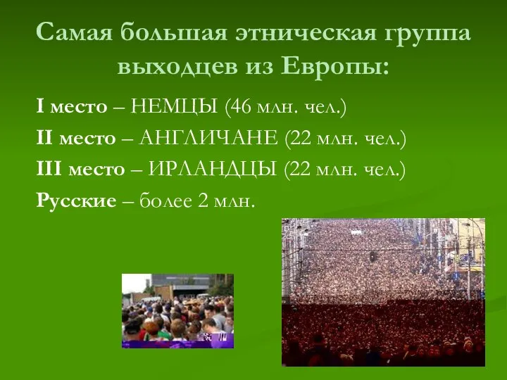 Самая большая этническая группа выходцев из Европы: I место – НЕМЦЫ (46