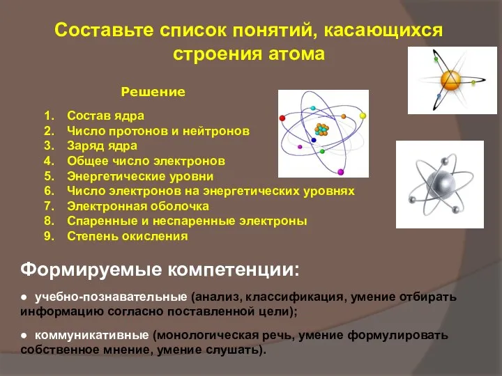 Составьте список понятий, касающихся строения атома Решение Состав ядра Число протонов и