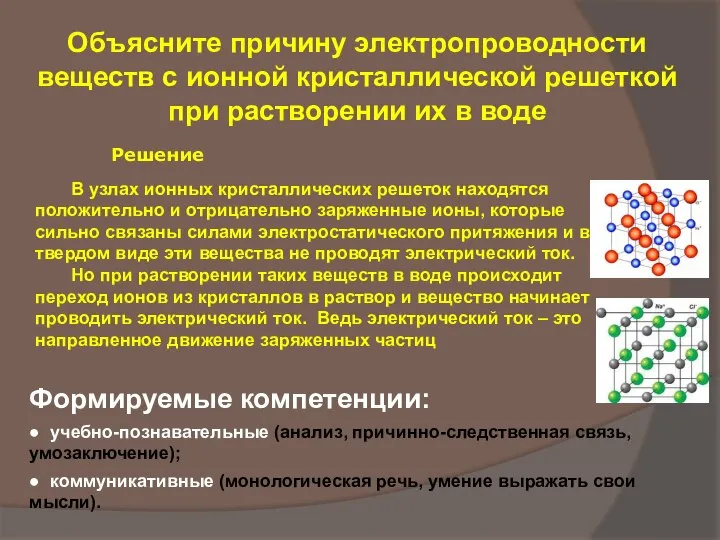 Объясните причину электропроводности веществ с ионной кристаллической решеткой при растворении их в