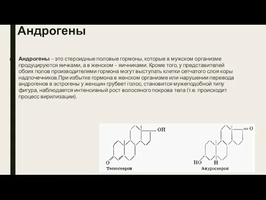 Андрогены Андрогены – это стероидные половые гормоны, которые в мужском организме продуцируются