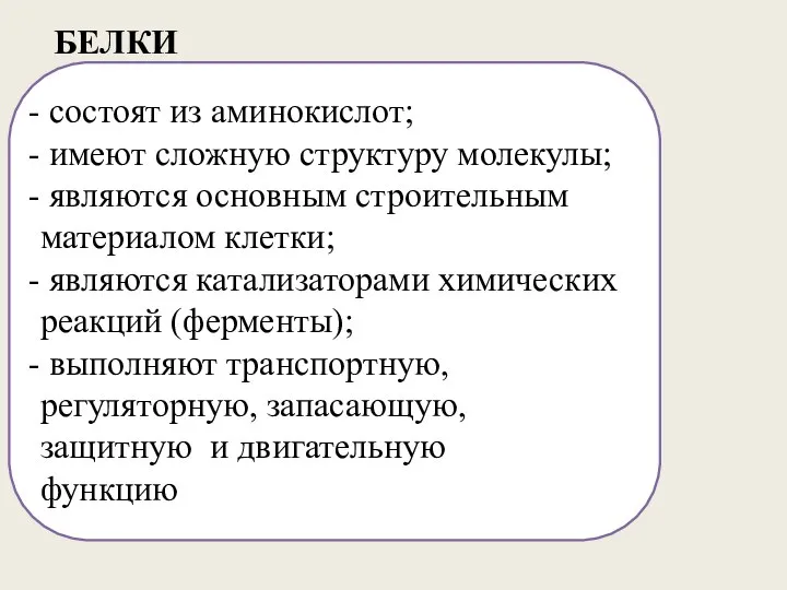 БЕЛКИ состоят из аминокислот; имеют сложную структуру молекулы; являются основным строительным материалом