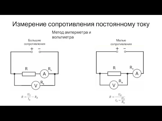 Измерение сопротивления постоянному току Метод амперметра и вольтметра Большие сопротивления Малые сопротивления