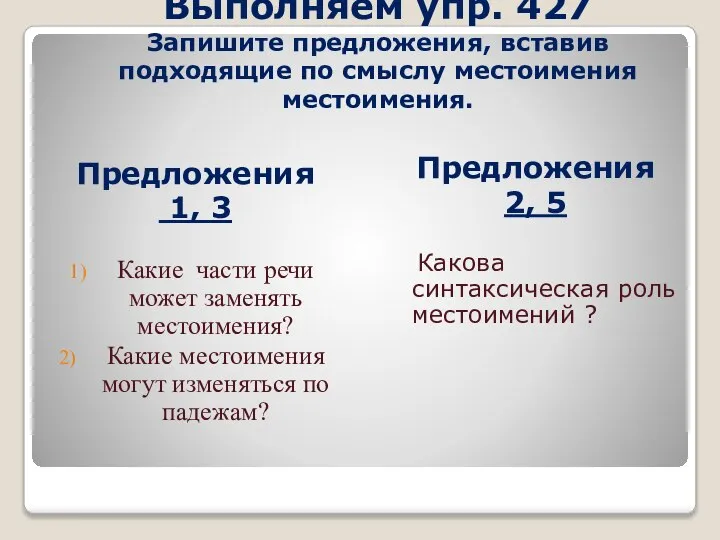 Выполняем упр. 427 Запишите предложения, вставив подходящие по смыслу местоимения местоимения. Предложения