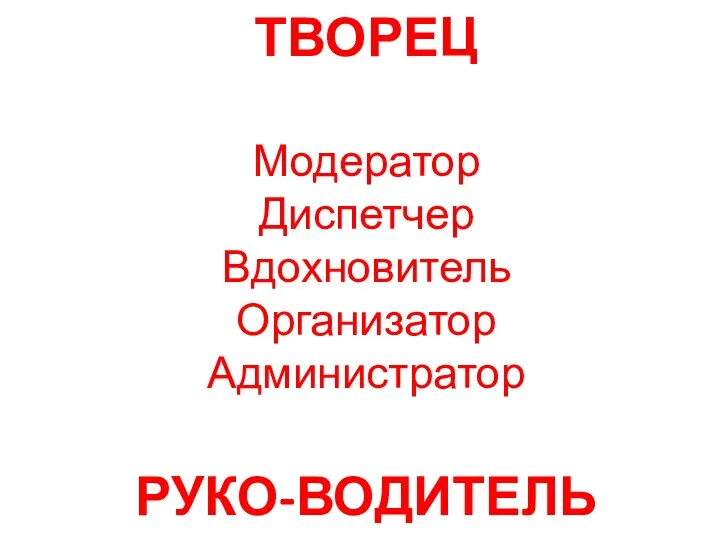 ТВОРЕЦ Модератор Диспетчер Вдохновитель Организатор Администратор РУКО-ВОДИТЕЛЬ