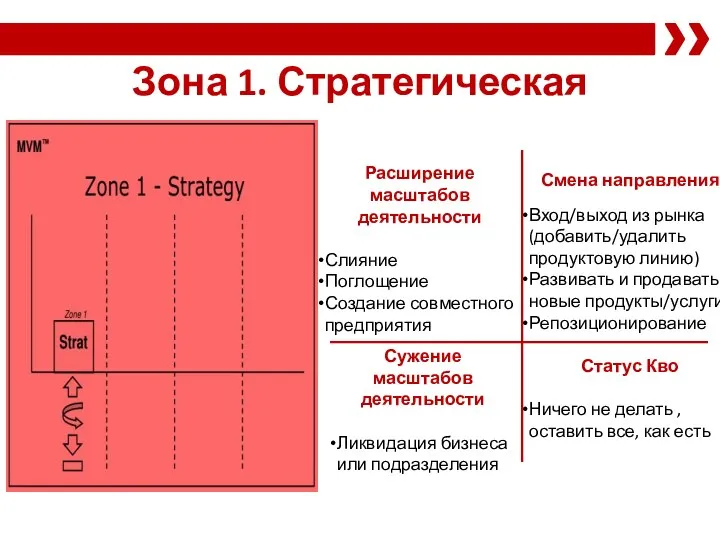 Зона 1. Стратегическая Расширение масштабов деятельности Слияние Поглощение Создание совместного предприятия Смена