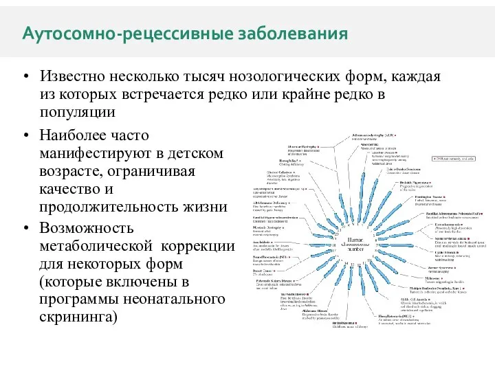 Аутосомно-рецессивные заболевания Наиболее часто манифестируют в детском возрасте, ограничивая качество и продолжительность