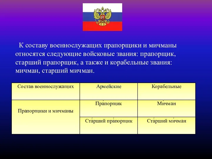 К составу военнослужащих прапорщики и мичманы относятся следующие войсковые звания: прапорщик, старший