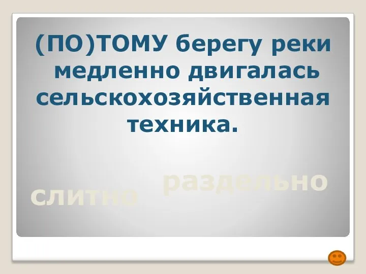 (ПО)ТОМУ берегу реки медленно двигалась сельскохозяйственная техника. слитно раздельно