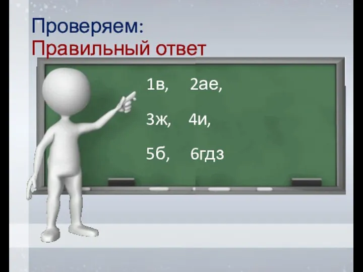 Проверяем: Правильный ответ 1в, 2ае, 3ж, 4и, 5б, 6гдз