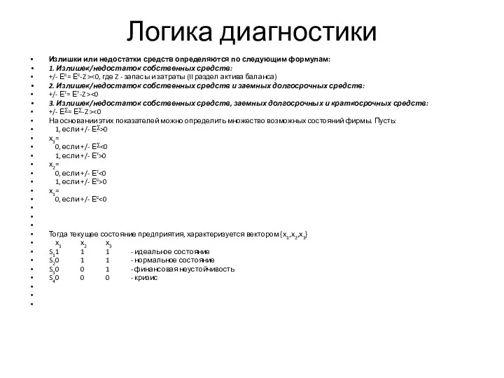 Логика диагностики Излишки или недостатки средств определяются по следующим формулам: 1. Излишек/недостаток