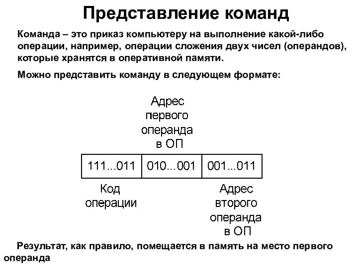 Представление команд Команда – это приказ компьютеру на выполнение какой-либо операции, например,