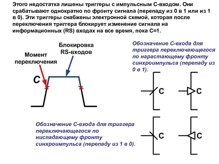 Этого недостатка лишены триггеры с импульсным C-входом. Они срабатывают однократно по фронту