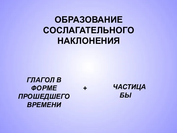 ОБРАЗОВАНИЕ СОСЛАГАТЕЛЬНОГО НАКЛОНЕНИЯ ГЛАГОЛ В ФОРМЕ ПРОШЕДШЕГО ВРЕМЕНИ ЧАСТИЦА БЫ +