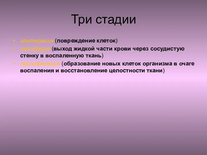 Три стадии альтерация (повреждение клеток) экссудация (выход жидкой части крови через сосудистую