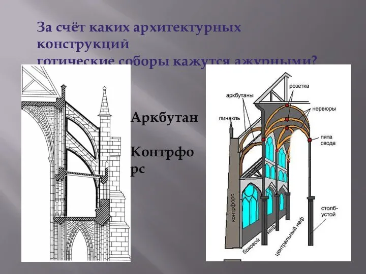 За счёт каких архитектурных конструкций готические соборы кажутся ажурными? Аркбутан Контрфорс