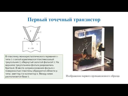 Первый точечный транзистор Изображение первого промышленного образца