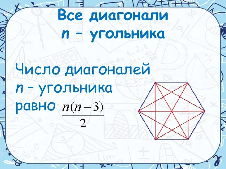 Все диагонали n – угольника Число диагоналей n – угольника равно