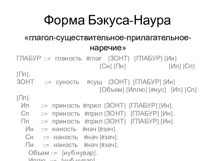 Форма Бэкуса-Наура ГЛАБУР ::= гланость #глаг {ЗОНТ} [ГЛАБУР] [Ин] [Сн] [Пн] [Ип]