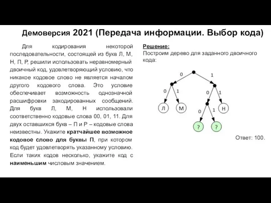 Демоверсия 2021 (Передача информации. Выбор кода) Решение: Построим дерево для заданного двоичного