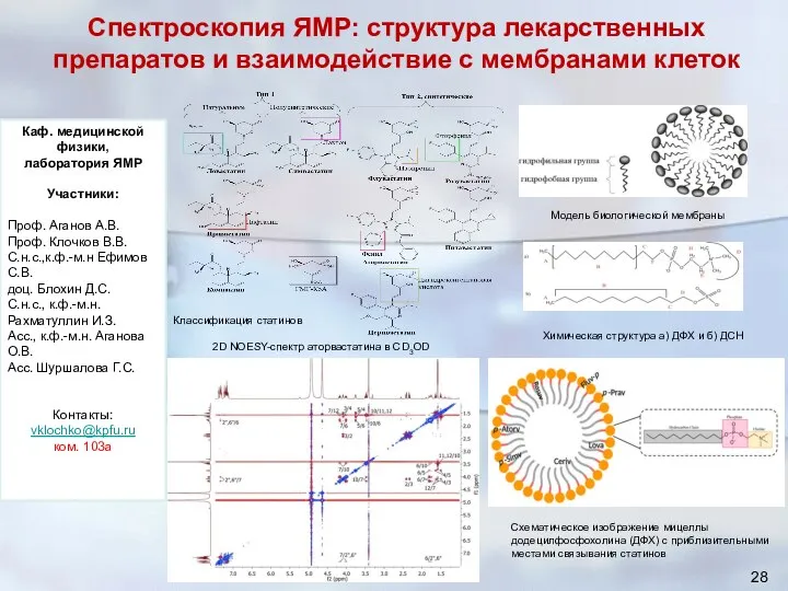 Спектроскопия ЯМР: структура лекарственных препаратов и взаимодействие с мембранами клеток Каф. медицинской