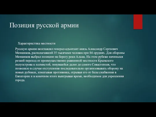 Позиция русской армии Характеристика местности Русскую армию возглавлял генерал-адъютант князь Александр Сергеевич