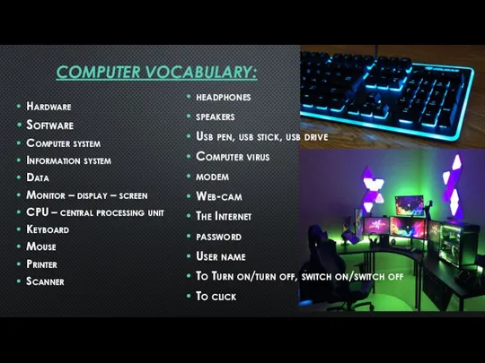 COMPUTER VOCABULARY: Hardware Software Computer system Information system Data Monitor – display