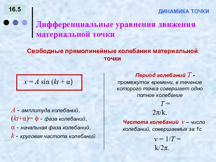 16.5 Дифференциальные уравнения движения материальной точки ДИНАМИКА ТОЧКИ Свободные прямолинейные колебания материальной